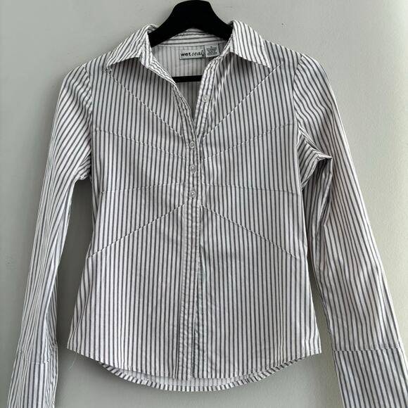 Y2K Wet Seal Button Down Long Sleeve Blouse Size Small Pin Stripe - Picture 4 of 7